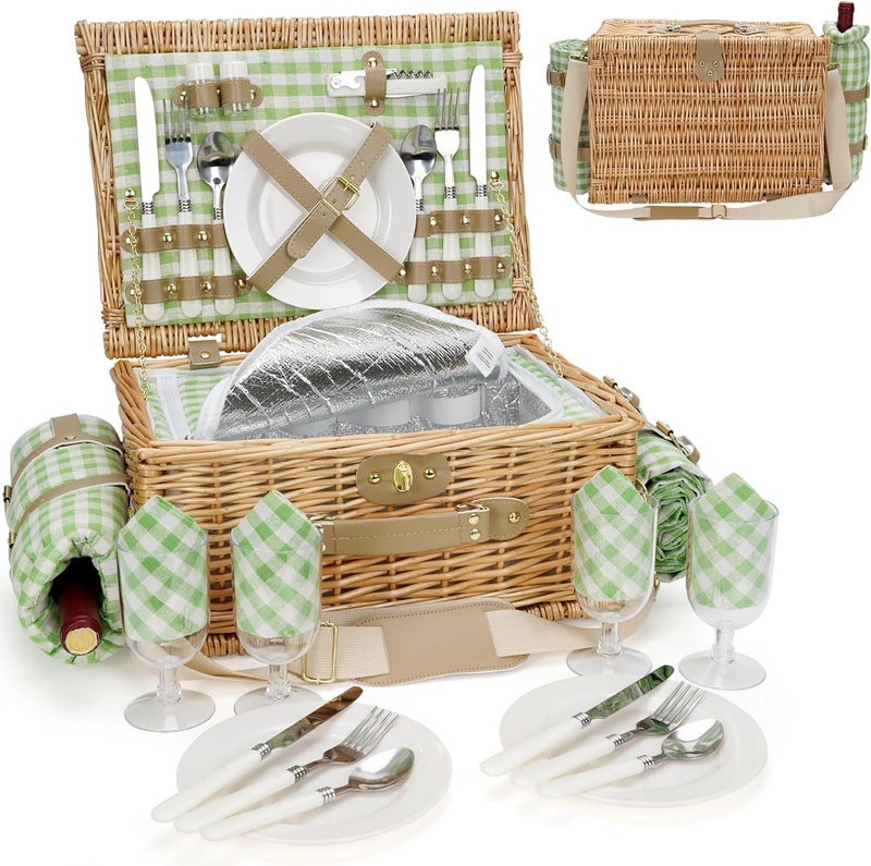 WILLOW WEAVE Picnic Basket for 4, Insulated Willow Picnic Baskets with Shoulder Strap, Picnic Hamper with Waterproof Picnic Blanket, Handmade Wicker Hamper for Outdoor Camping, GreenCheck - Image 1